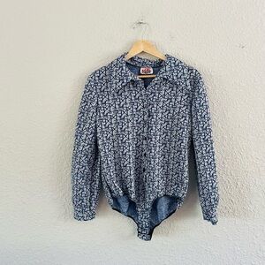 Vintage Mad Rags Abstract Print Long Sleeve Blue Bodysuit